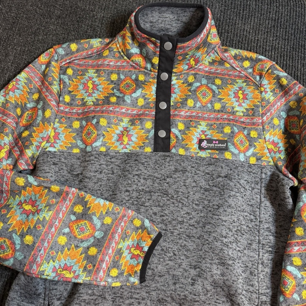 Simply Southern Pullover Womens XL Aztec Turtle Fleece Line 1/4 Snap Pocket Cozy